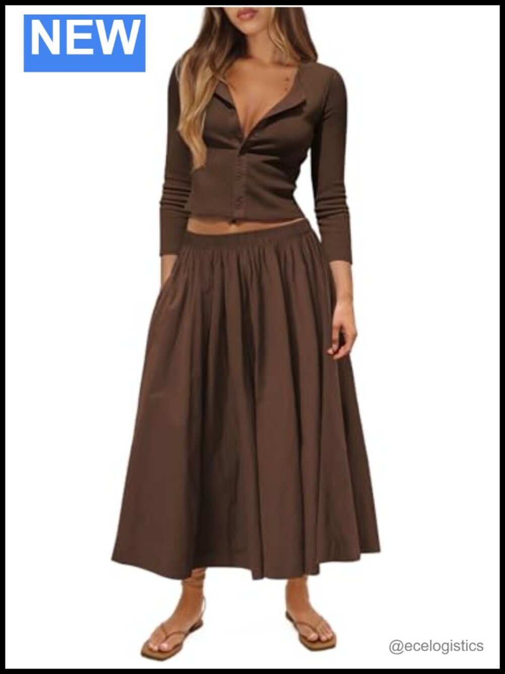 Knitted 2 Piece Skirt Set: Ribbed Button Down Top + Midi Skirt Outfit